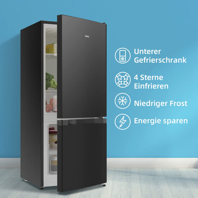 CHIQ Freistehender Kühlschrank mit Gefrierfach | Kühl-Gefrierkombination 114 cm Höhe, 47 cm Breit, 117L| 4 Sterne Gefrieren -24℃ | LED Litcht | Dunkler Edelstahl Look, for Eigentumswohnungen