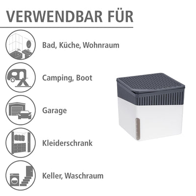 WENKO Raumentfeuchter Mod. Cube, Luftentfeuchter reduziert Schimmel & Gerüche, Auffangschale mit 1 kg Granulatblock nachfüllbar, fasst bis zu 1,6 l Feuchtigkeit, 16,5 x 15,7 x 16,5 cm, Weiß