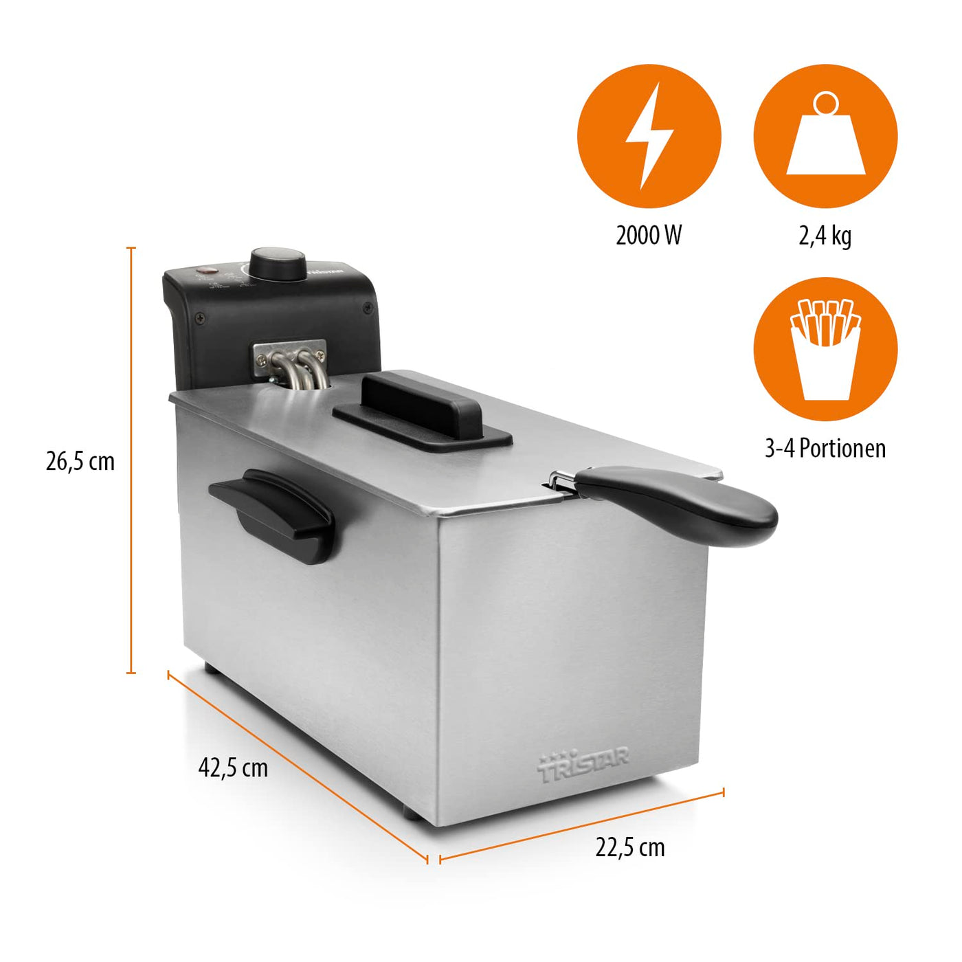 Tristar Fritteuse, 3L Kapazität, 2000W, Einstellbarer Thermostat (130-190°C), Überhitzungsschutz, Spülmaschinenfeste Teile, Leicht zu Reinigen, FR-6946
