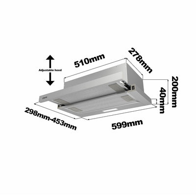 CIARRA CBCS6906D A++ Flachschirmhaube Dunstabzugshaube 60 cm Umluft 370 m³/h mit CBCF002X2 Aktivkohlefilter Integrierte Einbau Flach Abluft Abzugshaube 2 Stufen LED-Beleuchtung Silber