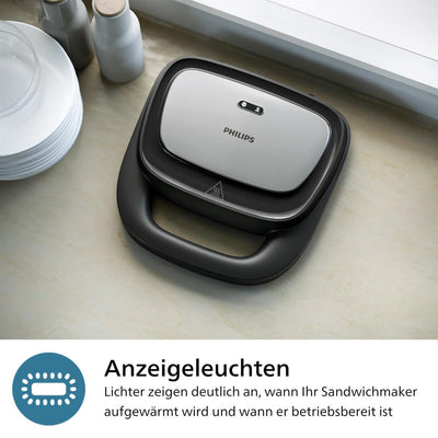 Philips Sandwichmaker 5000 Serie, 750 W, Panini, Waffeln, Sandwichplatten, Schwarz/Silber (HD2350/80)