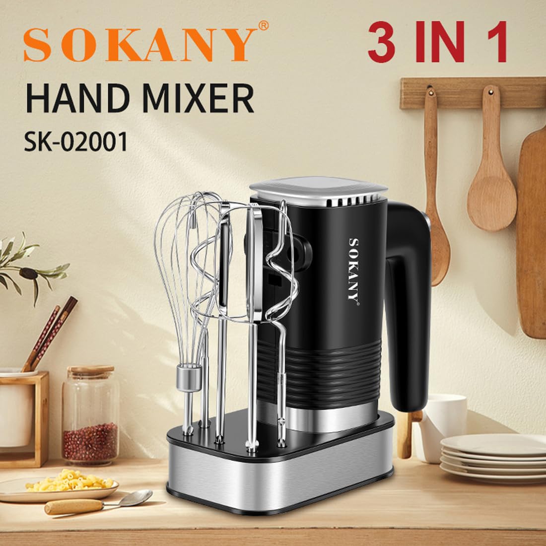 SOKANY 800W Handrührgerät Edelstahlkneter Handmixer, 5 Geschwindigkeiten mit Exit-Taste, Handrührer mit 2 Knethaken & 2 Rührbesen (SK-02001 3IN1 800W)