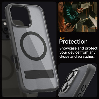 Spigen [All-in-One Ständer für iPhone 16 Pro Hülle Ultra Hybrid S MagFit für MagSafe [Verbesserte Magnestärke] Stoßfest Kratzfest Handyhülle Case -Frost Black