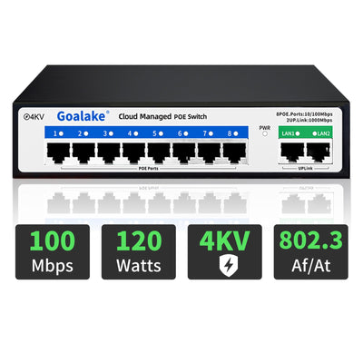 Goalake 8 Port Poe Switch, Cloud Managed Ethernet Switch, 10 Ports PoE+ Switch @120W, 802.3af/at, APP Easy Smart Managed, Cloud Detection, Vlan, Cloud Restart, Cloud Ultraremote to 250M, 802.3af/at