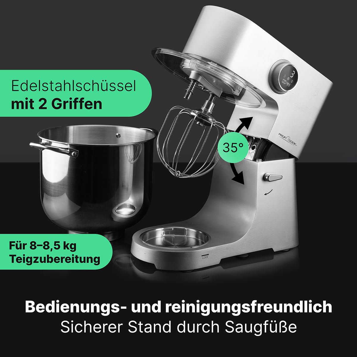 ProfiCook® Küchenmaschine mit XXL 12L Schüssel | Knetmaschine mit 2500W Longlife-Profi-Motor | Metallgetriebe und LED-Display | Food Processor für bis zu 8,5 kg Teig |13 Geschwindigkeiten | PC KM 1254