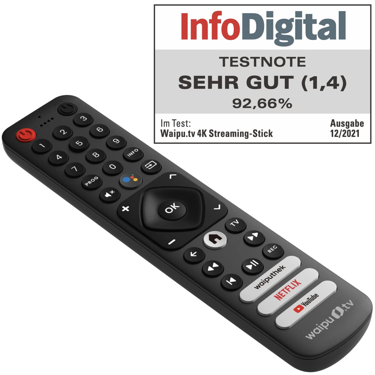 waipu.tv 4K Stick | Inkl. Fernbedienung mit Schnellwahltasten (mit TV-Steuerungstasten) | Fernsehen über WLAN | HDMI | 4K | HDR