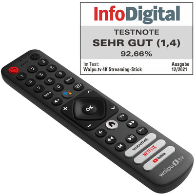 waipu.tv 4K Stick | Inkl. Fernbedienung mit Schnellwahltasten (mit TV-Steuerungstasten) | Fernsehen über WLAN | HDMI | 4K | HDR