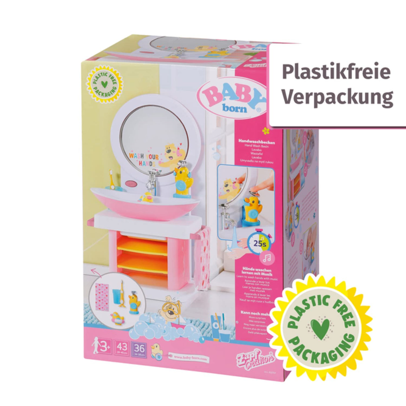 BABY born Bath Waschtisch, interaktiver Puppenwaschtisch mit Licht- und Soundfunktion, Zahnbürste, Zahnputzbecher, Seifenspender und Handtuch, 832707 Zapf Creation