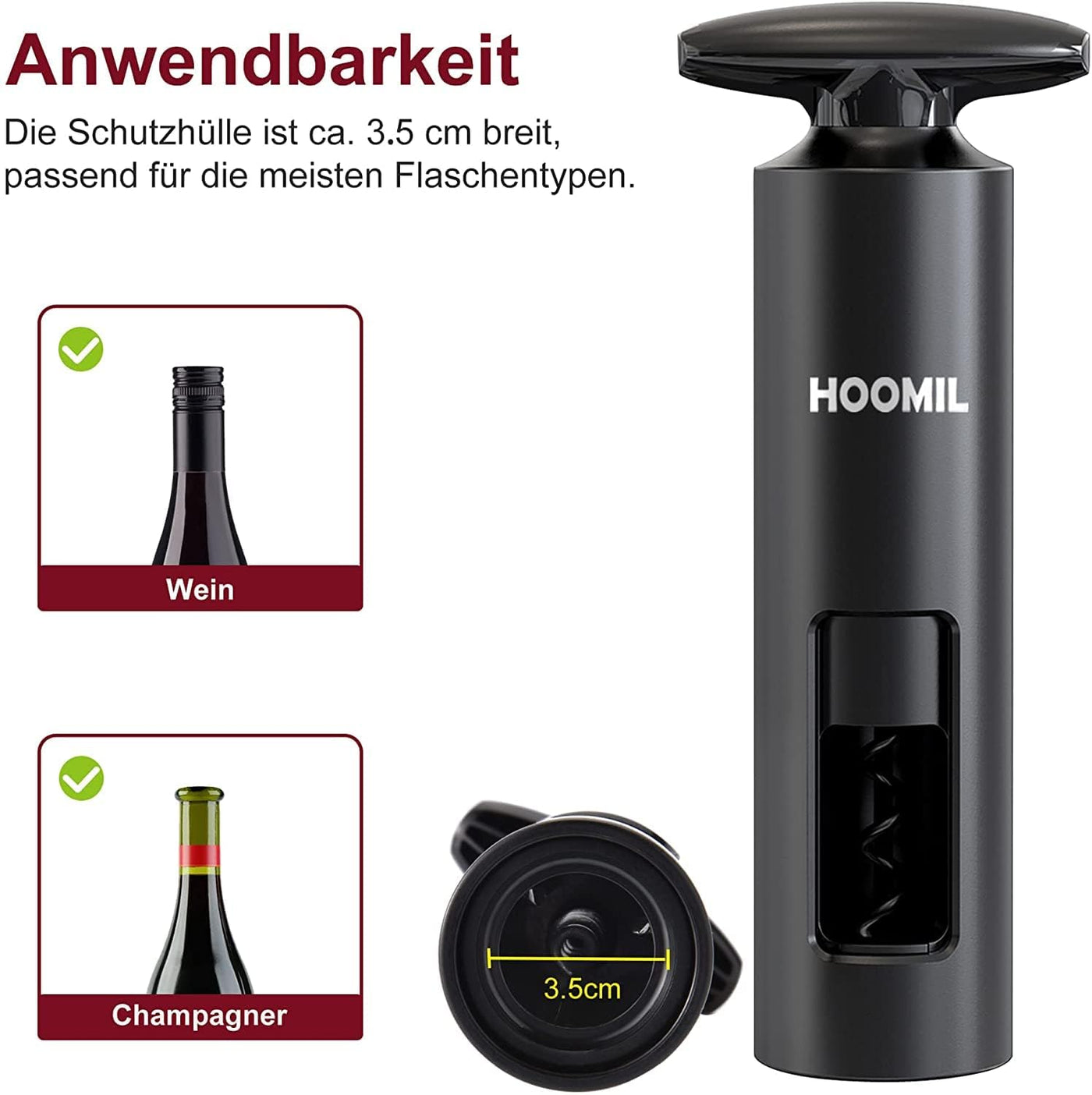 Weinflaschenöffner Set, HOOMIL 4-in-1 Weinöffner Set Profi Korkenzieher für Wein mit Folienschneider, Vakuum Weinverschluss und Weinausgießer, Schwarz