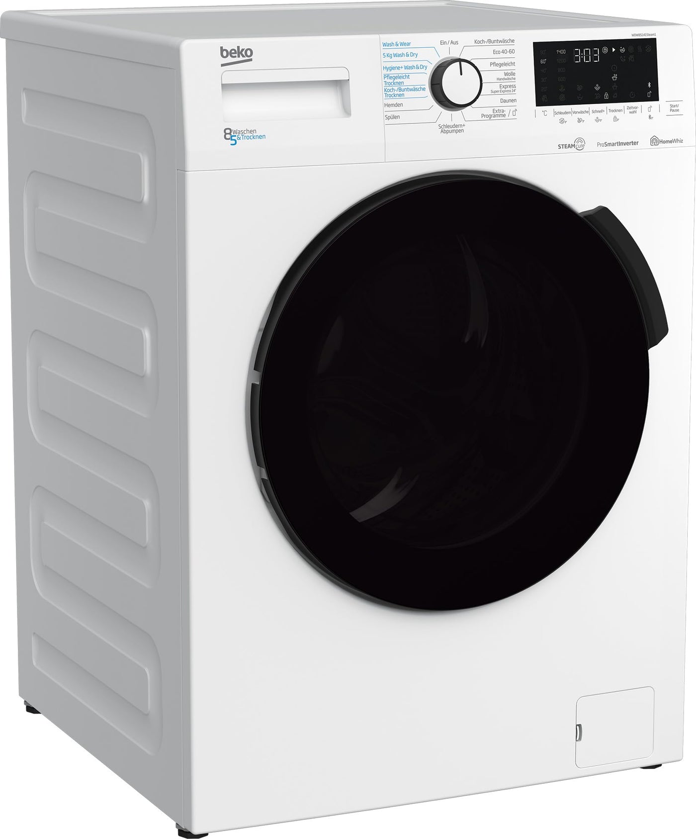 Beko WDW85141Steam1 b300 freistehender Waschtrockner, 8 kg Waschen, 5 kg Trocknen, allergikergeeignet, Touch-Display mit Startzeitvorwahl 0-24 h, Bluetooth, Dampffunktion, Nachlegefunktion, Weiß