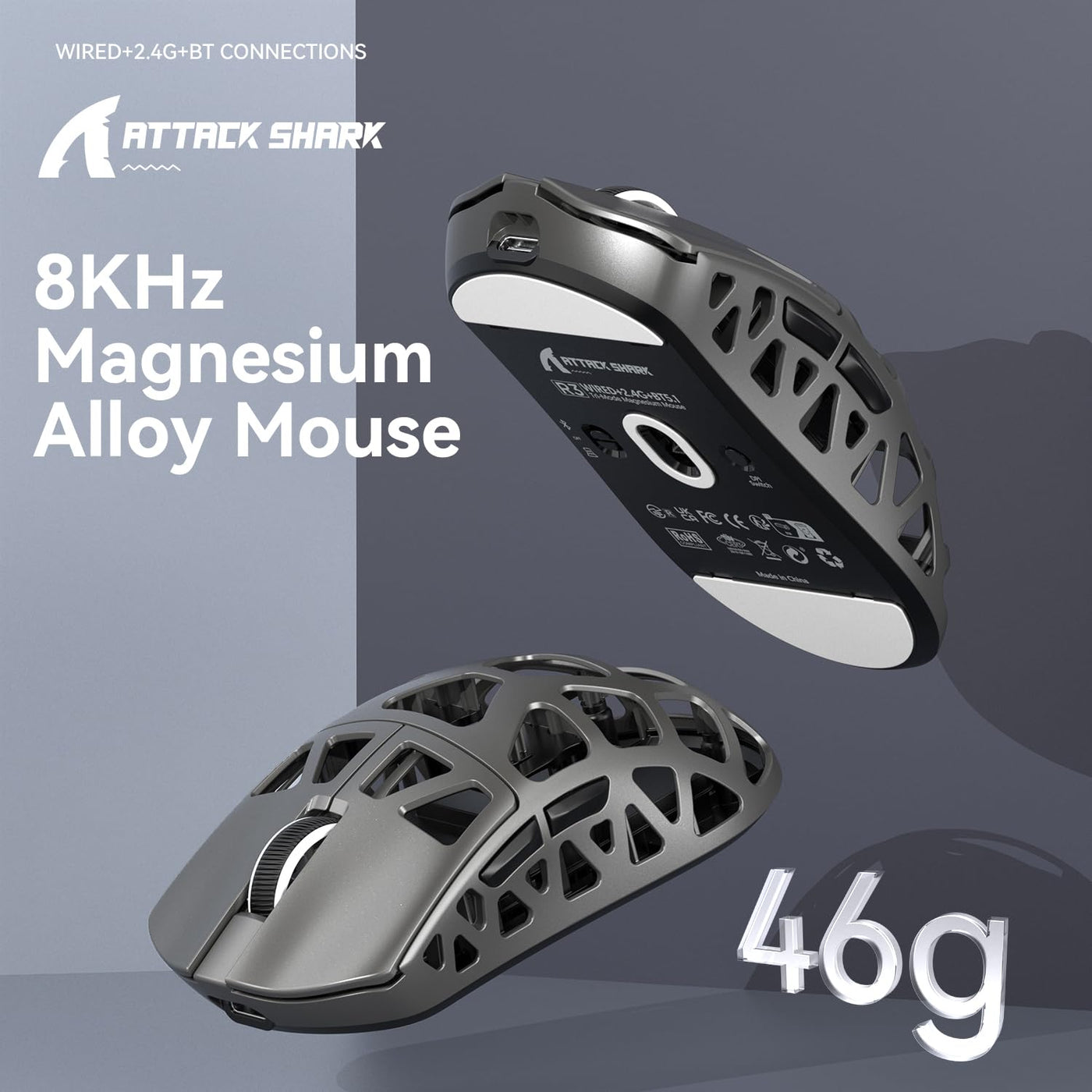 ATTACK SHARK R3 Magnesiumlegierungsmaus, kabellose 8K-Maus, 46 g SUPERLIGHT-Maus, PixArt PAW3395-Gaming-Sensor, BT/2,4 G/kabelgebundene Gaming-Maus, einstellbare DPI 26000, Büromäuse für Win11/Xbox/PS