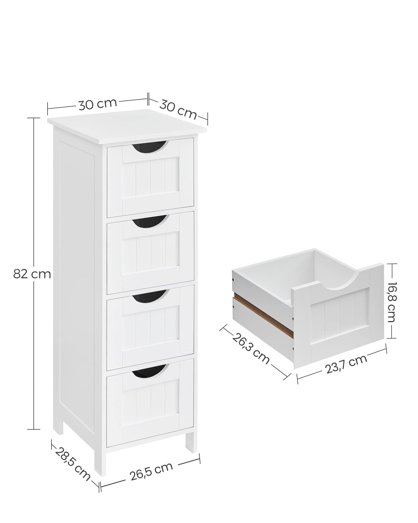 VASAGLE Badezimmerschrank, Badschrank, Beistellschrank mit 4 Schubladen, 30 x 30 x 82 cm, für Badezimmer, Wohnzimmer, Esszimmer, Küche, modern, weiß LHC40W