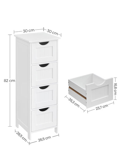 VASAGLE Badezimmerschrank, Badschrank, Beistellschrank mit 4 Schubladen, 30 x 30 x 82 cm, für Badezimmer, Wohnzimmer, Esszimmer, Küche, modern, weiß LHC40W