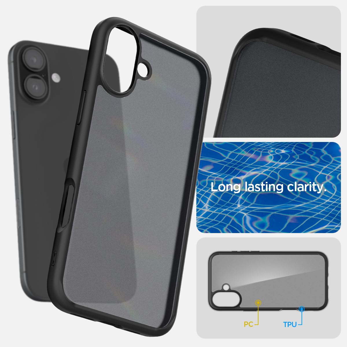 Spigen für iPhone 16 Plus Hülle [Anti-Yellowing] Ultra Hybrid Case Handyhülle Schutzhülle Cover Transparent Durchsichtig Dünn Slim -Frost Black