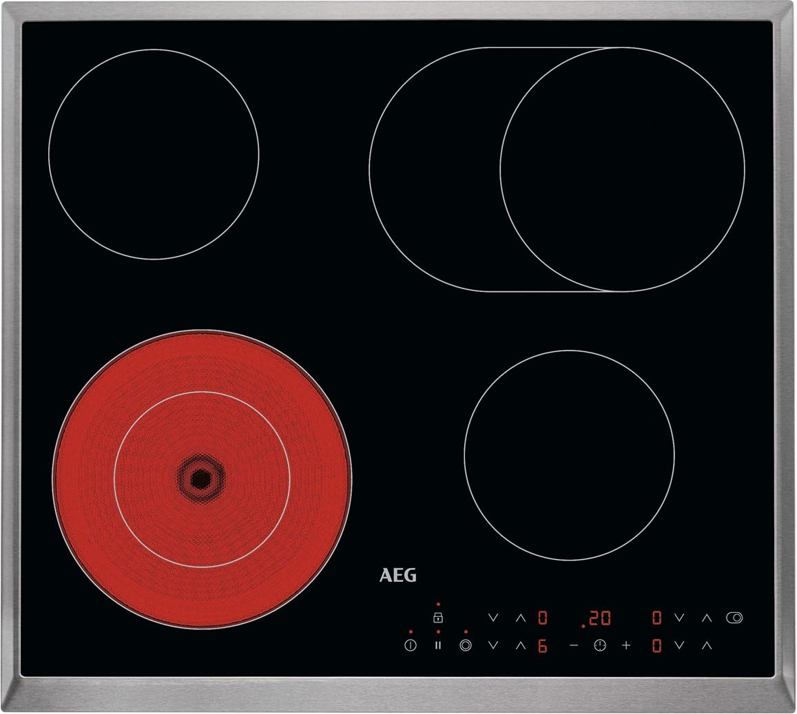 AEG Glaskeramikkochfeld autark 60cm – 4 Zonen mit Bräter- und Zweikreiskochzone – 14 Stufen – Edelstahlrahmen – Timer – Touch-Bedienung je Zone – Kindersicherung – HK634060XB