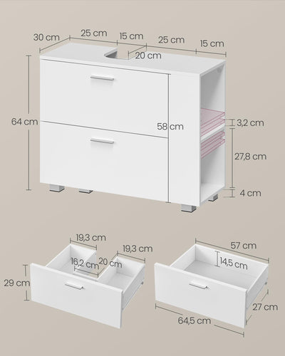 VASAGLE Waschbeckenunterschrank, offene Fächer an Einer Seite, rechts oder Links austauschbar, Badschrank, große Öffnung für Siphons, 30 x 80 x 64 cm, wolkenweiß BBK502W01