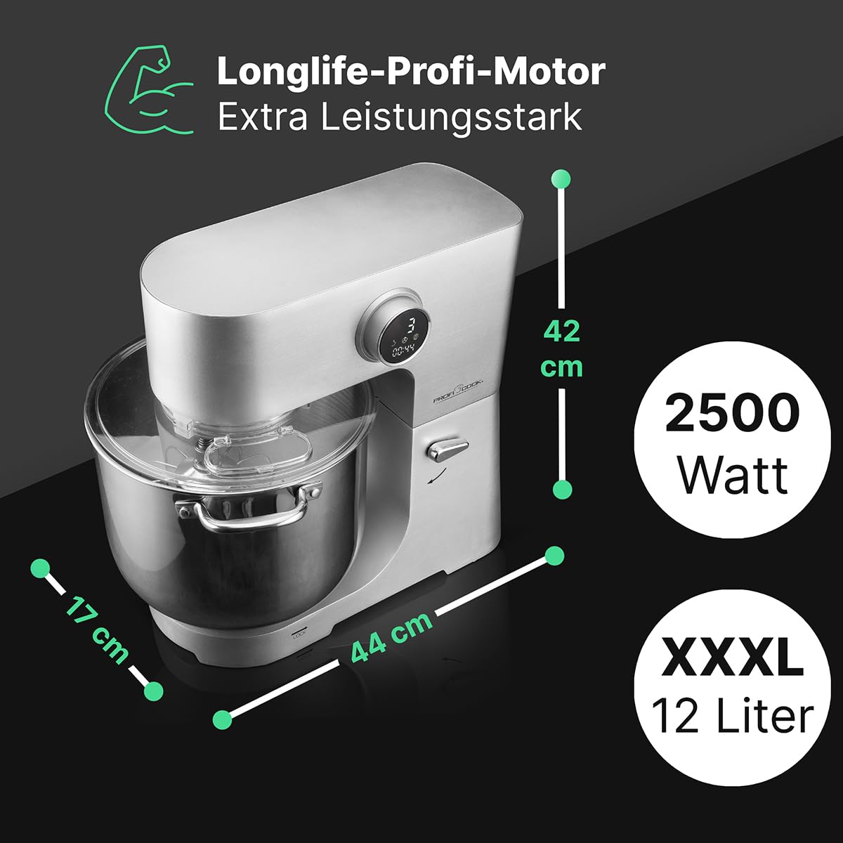 ProfiCook® Küchenmaschine mit XXL 12L Schüssel | Knetmaschine mit 2500W Longlife-Profi-Motor | Metallgetriebe und LED-Display | Food Processor für bis zu 8,5 kg Teig |13 Geschwindigkeiten | PC KM 1254