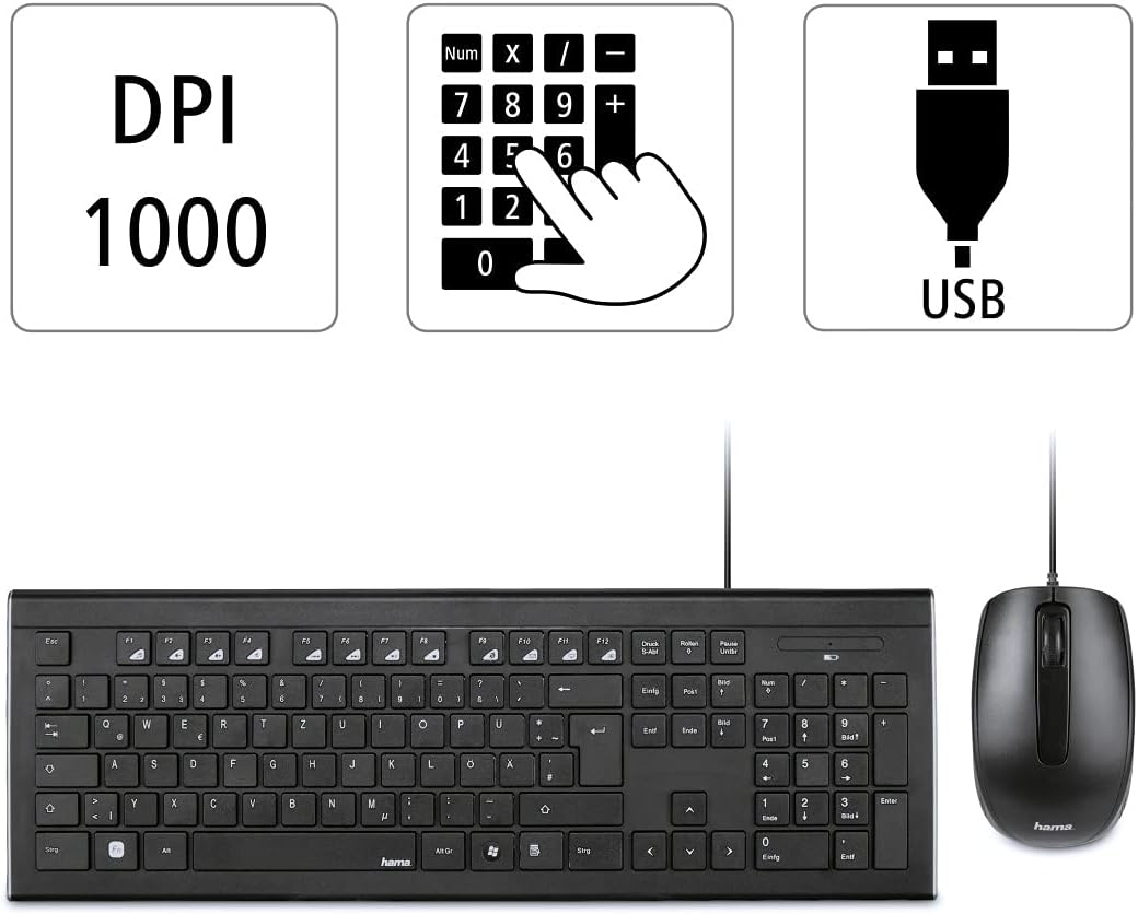 Hama Computertastatur Maus Set (kabelgebunden, ergonomisch, deutsches Tastenlayout QWERTZ, leise Tasten, flaches Design, 12 Media-Tasten, optische Maus, 1000 dpi, USB-Anschluss, PC, Laptop) schwarz