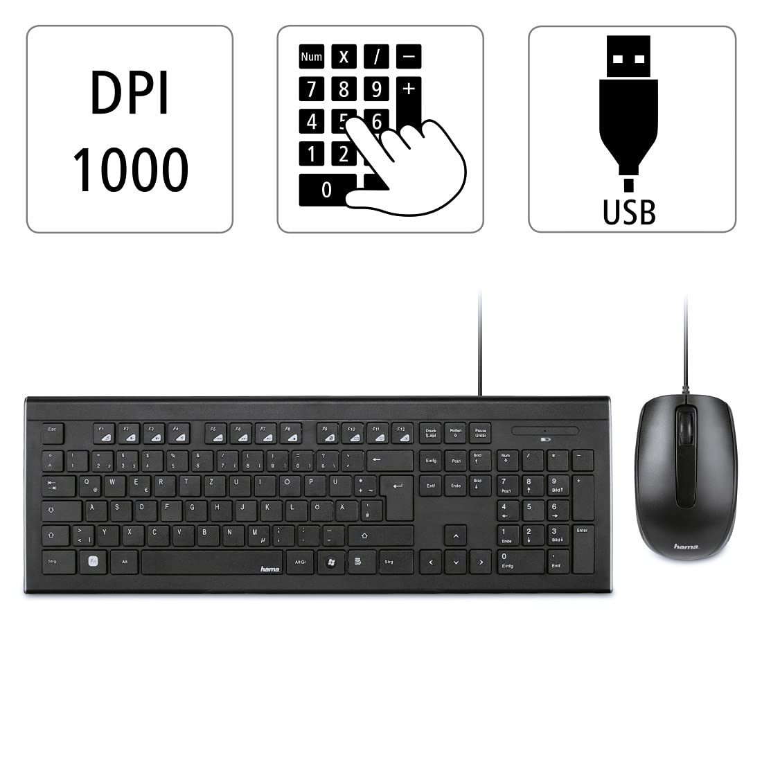 Hama Computertastatur Maus Set (kabelgebunden, ergonomisch, deutsches Tastenlayout QWERTZ, leise Tasten, flaches Design, 12 Media-Tasten, optische Maus, 1000 dpi, USB-Anschluss, PC, Laptop) schwarz