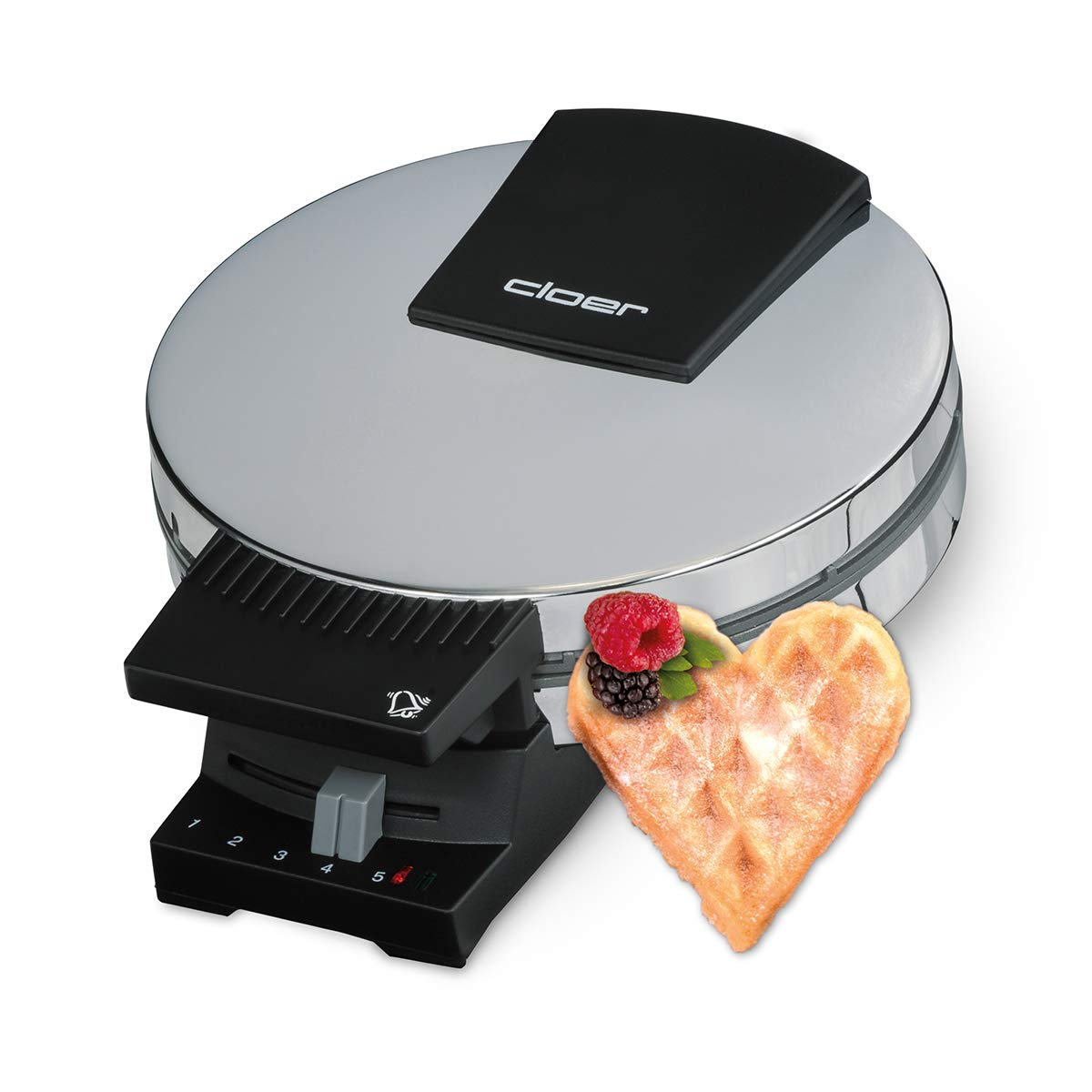 Cloer 185 Waffeleisen für eine Herzwaffel, 930 W, Waffelgröße 16 cm, schwere Backplatten, optische und akustische Fertigmeldung, Edelstahlgehäuse, Edelstahl, Chrom