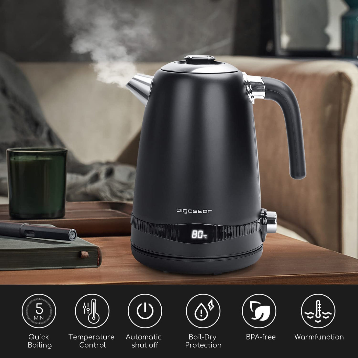 Aigostar Loki - Digitaler Edelstahl Wasserkocher mit Temperatureinstellung 40-100 Grad, Temperaturanzeige, Warmhaltefunktion, 1,7 Liter 2200W Electric Kettle Retro Teekocher, Schwarz