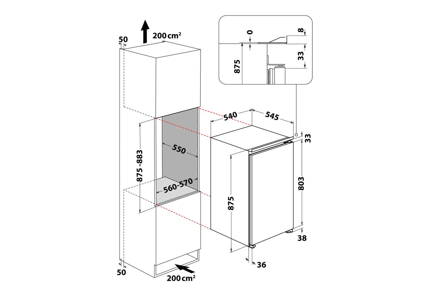 Bauknecht KSI 9VF2E Einbau-Kühlschrank/Energieeffizienzklasse: E/Nische 88/ Elektronische Temperaturregelung/LED-Beleuchtung/Abtauautomatik im Kühlteil/Sicherheitsglas