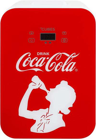 °CUBES Mini-réfrigérateur Coca-Cola 9,3 L | Mini réfrigérateur compact avec impression en verre et écran tactile LCD | Petit réfrigérateur pour voiture et maison | Silencieux et efficace | 12V/220V