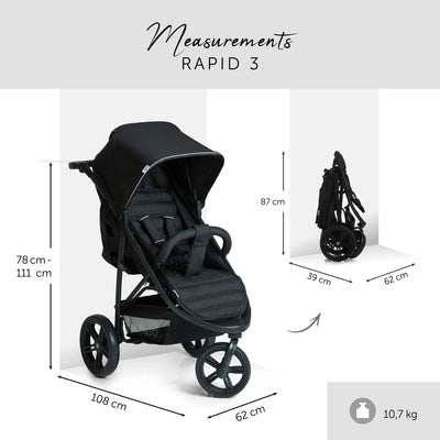 hauck Buggy Rapid 3, für Kinder bis 22 kg, Klein Zusammenklappbar, mit Schlaffunktion ab Geburt, Höhenverstellbarer Schieber, Großer Korb bis 3 kg, Kunststoff Reifen (Caviar/Black)