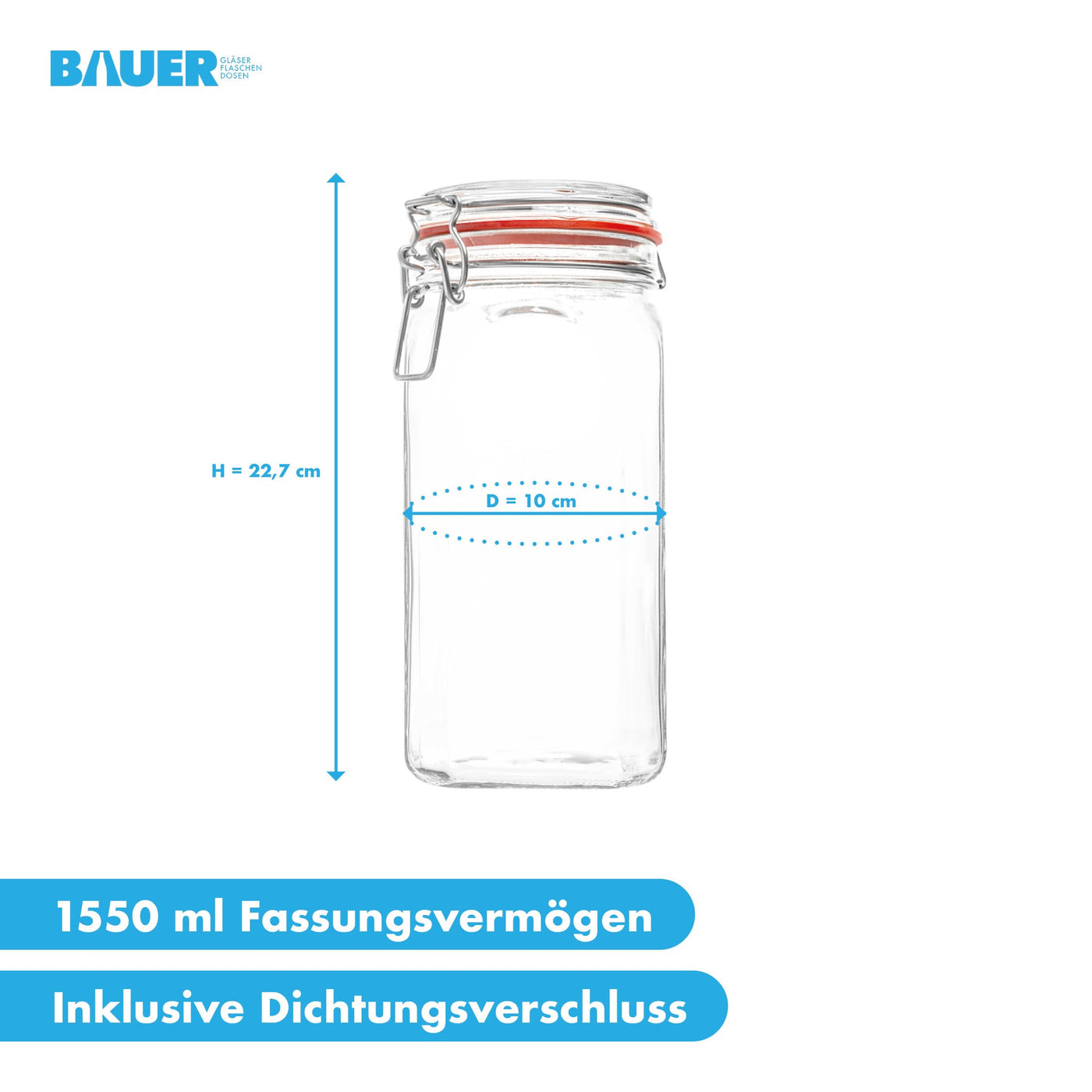 BAUER Flaschenbauer - 12 -teiliges Set Drahtbügel-Vorratsgläser 1550ml, geeignet als Einmach- und Fermentierglas, zur Aufbewahrung, zum Befüllen, Drahtbügelgläser Inklusive Etiketten - Made in Germany