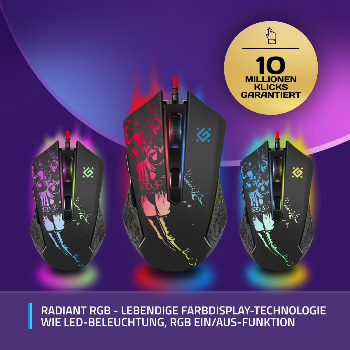 Defender Sin’Sister GM-933 Gaming Maus - Ergonomische, Kabelgebundene PC Maus mit Seitentasten, 7200 DPI Sensor, 6 DPI-Einstellungen, RGB-Beleuchtung, 5 programmierbare Tasten, USB, PC/Mac, Schwarz