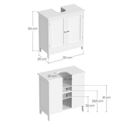 VASAGLE Waschbeckenunterschrank, Badezimmerschrank, Aufbewahrungsschrank, 30 x 60 x 60 cm, mit 2 Lamellentüren, verstellbare Regalebene, mit Griffen, wolkenweiß BBC05WT