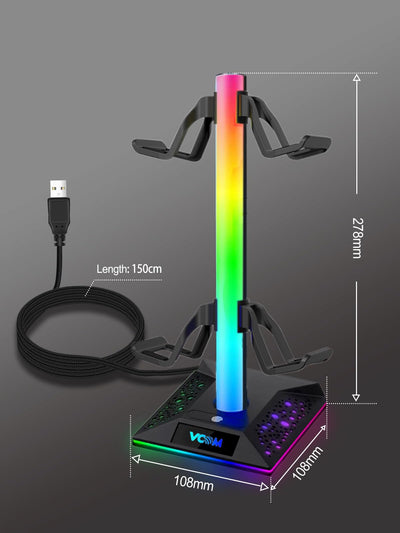 VCOM RGB Gaming Kopfhörer Ständer mit 10-Licht Modi, Controller Halter mit 2 USB Ports, PC Gaming Zubehör für Schreibtisch, Universal Speicher Organizer Headpsets/Xbox PS5 Controller/Switch/Handy