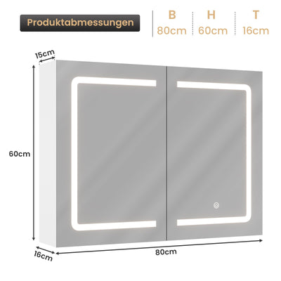 DICTAC Badezimmer spiegelschrank mit Beleuchtung 80x16x60cm Spiegelschrank Bad mit LED und Steckdose 80 cm Breit Doppeltür Badschrank mit Spiegel und Ablage,Hängeschrank,Berührung Sensorschalter,Weiß