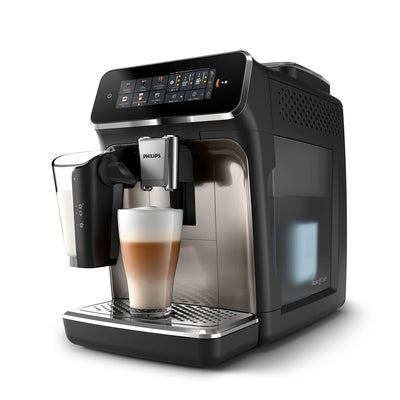 PHILIPS 3300 Series Kaffeevollautomat - 6 Getränke, Modernes Farb-Touchscreen-Display, LatteGo-Milchsystem, SilentBrew, 100% Keramikmahlwerk, AquaClean Filter. Schwarzchrom (EP3347/90)