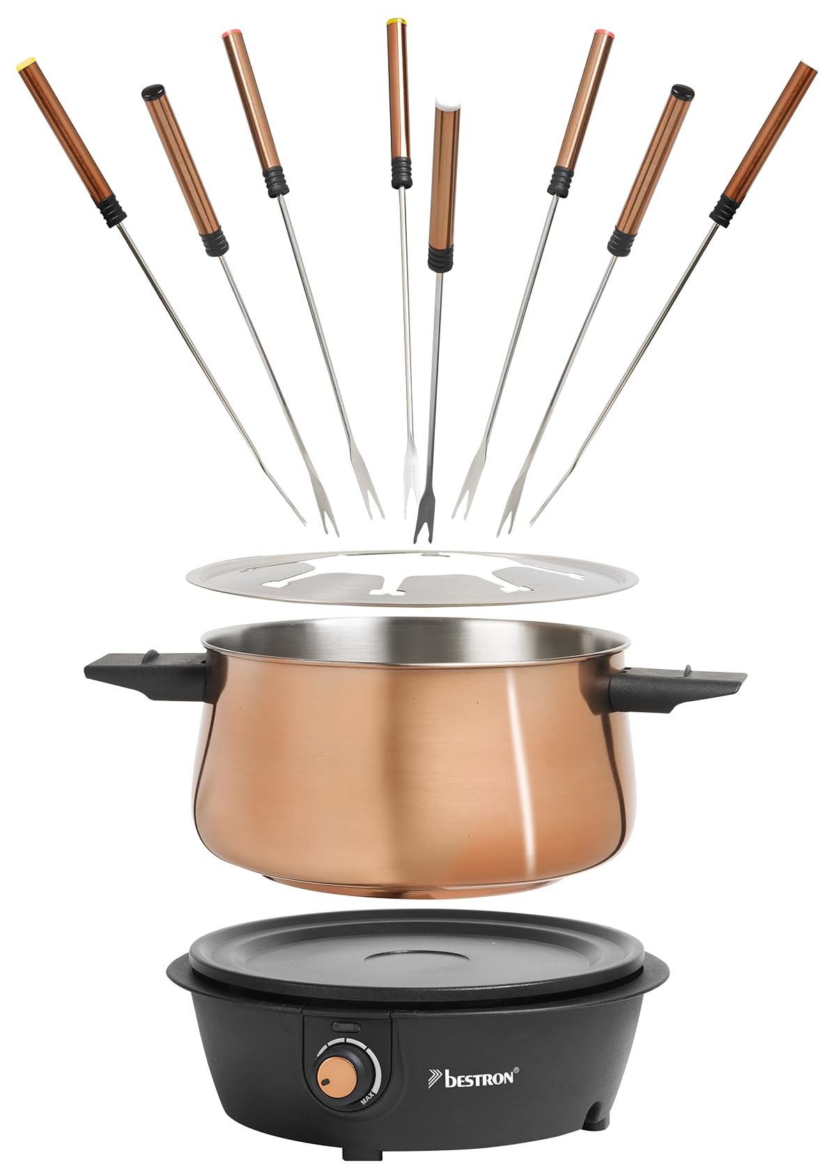 Bestron elektrische Fondue Set für bis zu 8 Personen, mit 8x Fonduegabeln & stufenlosen Thermostat, inkl. Spritzschutz, Farbe: Kupfer