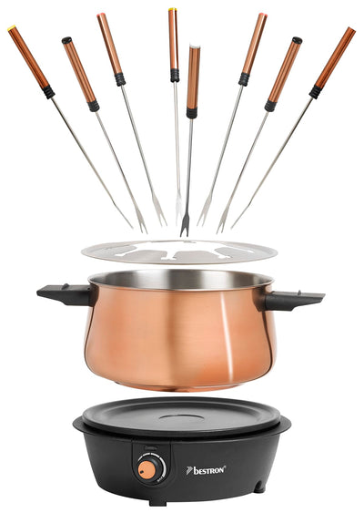 Bestron elektrische Fondue Set für bis zu 8 Personen, mit 8x Fonduegabeln & stufenlosen Thermostat, inkl. Spritzschutz, Farbe: Kupfer