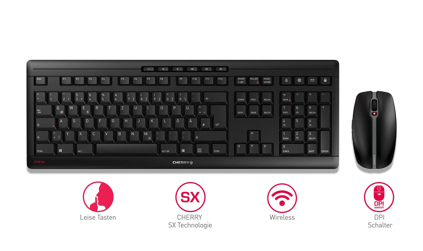 CHERRY STREAM DESKTOP RECHARGE, Kabelloses Tastatur-Maus-Set, UK-Layout (QWERTY), 2,4 GHz Funk, Leiser Tastenanschlag, Wiederaufladbar, Schwarz