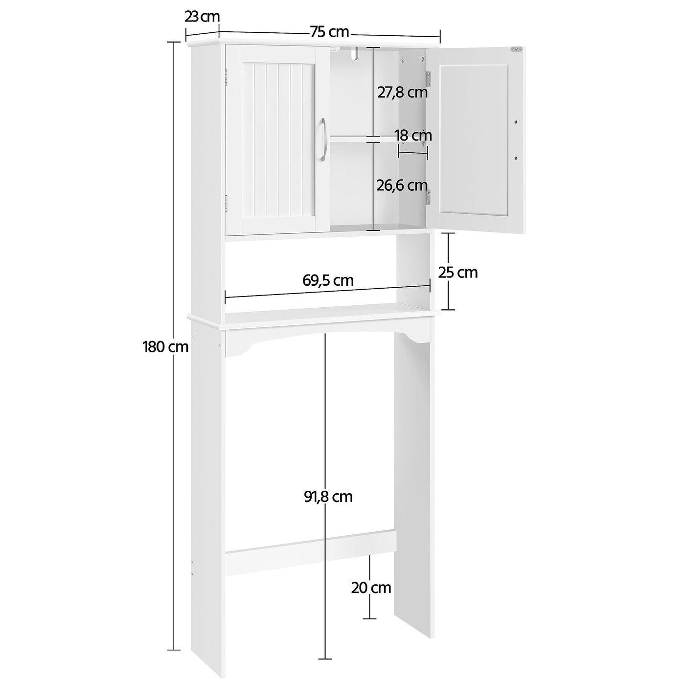 Yaheetech Badezimmerschrank Waschmaschinenschrank Überbauschrank Hochschrank mit verstellbarem Einlegeboden Badregal über WC und Waschmaschine Toilettenschrank 180 cm Höhe