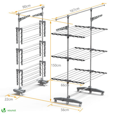 VOUNOT Wäscheständer Turm für Innen, Platzsparender Turmwäscheständer mit Faltbaren Flügeln, Teleskopstange und Rollen, 23m Trockenlänge, 3 Ebenen
