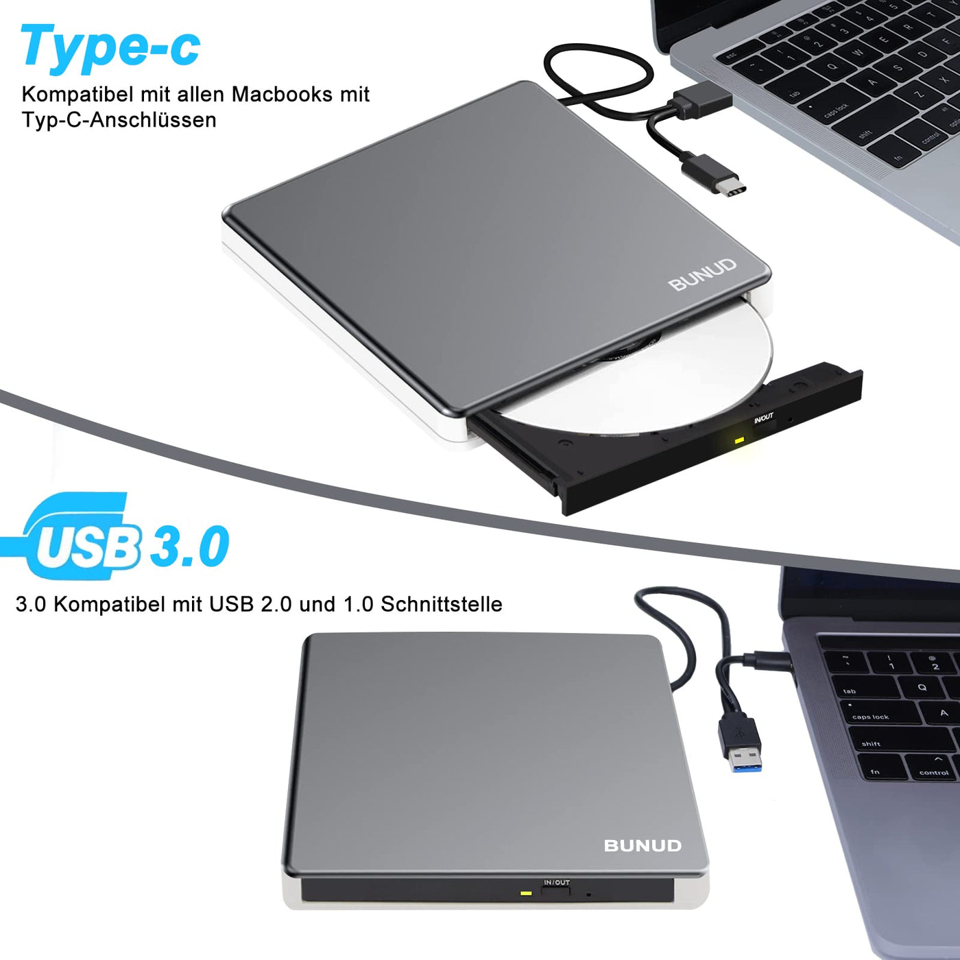 BUNUD Externes DVD Laufwerk, CD Laufwerk Extern USB mit 2 USB SD TF Ports, Externer CD/DVD Brenner und Player, Externes CD Laufwerk für Laptop Windows Mac PC MacBook