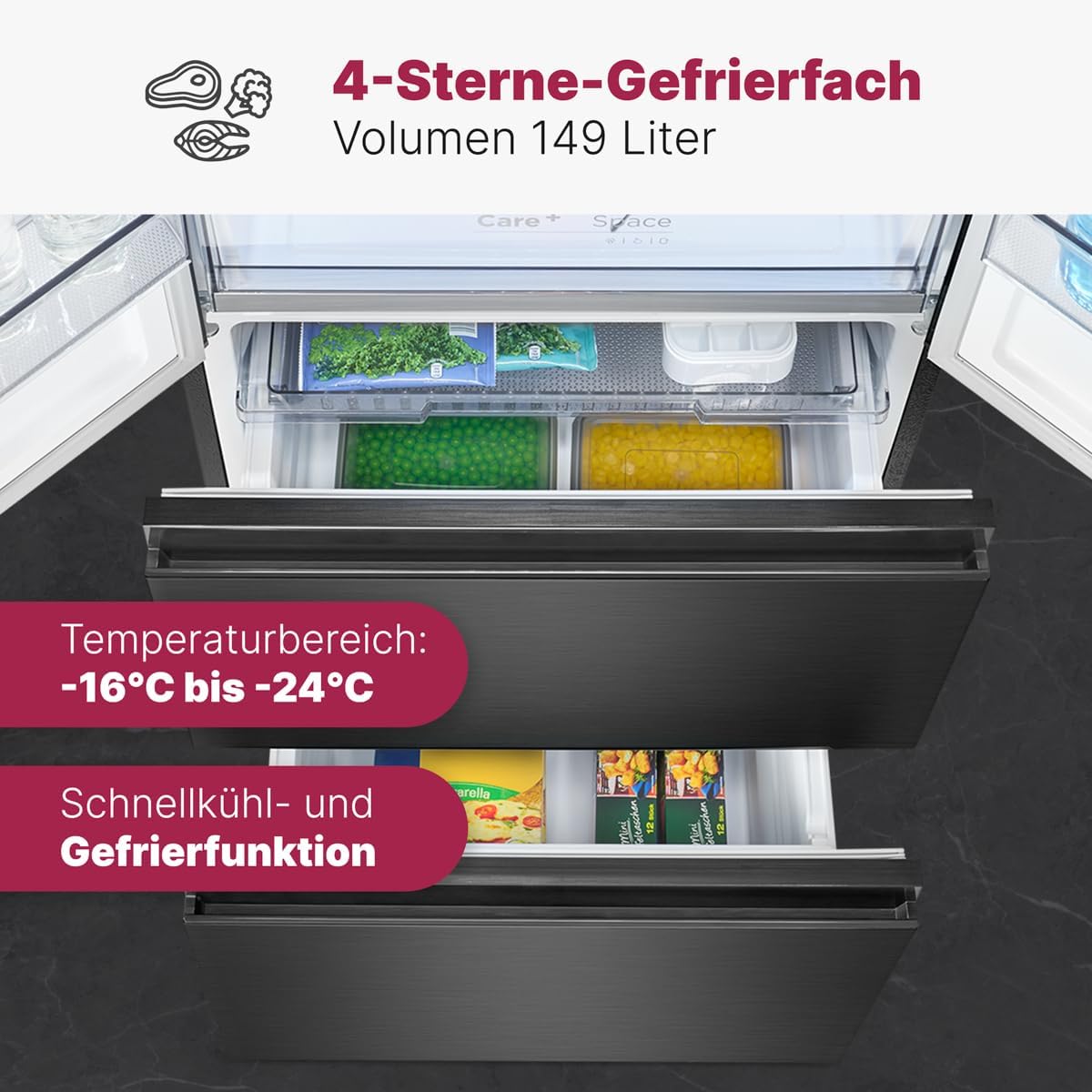 Bomann® French Door Kühlschrank No Frost | Kühl-Gefrier-Kombinationen mit Total No Frost | Kühlschrank mit Gefrierfach 400L | Side by Side Kühlschrank mit MultiAirflow-System | KG 7354 schwarz-inox