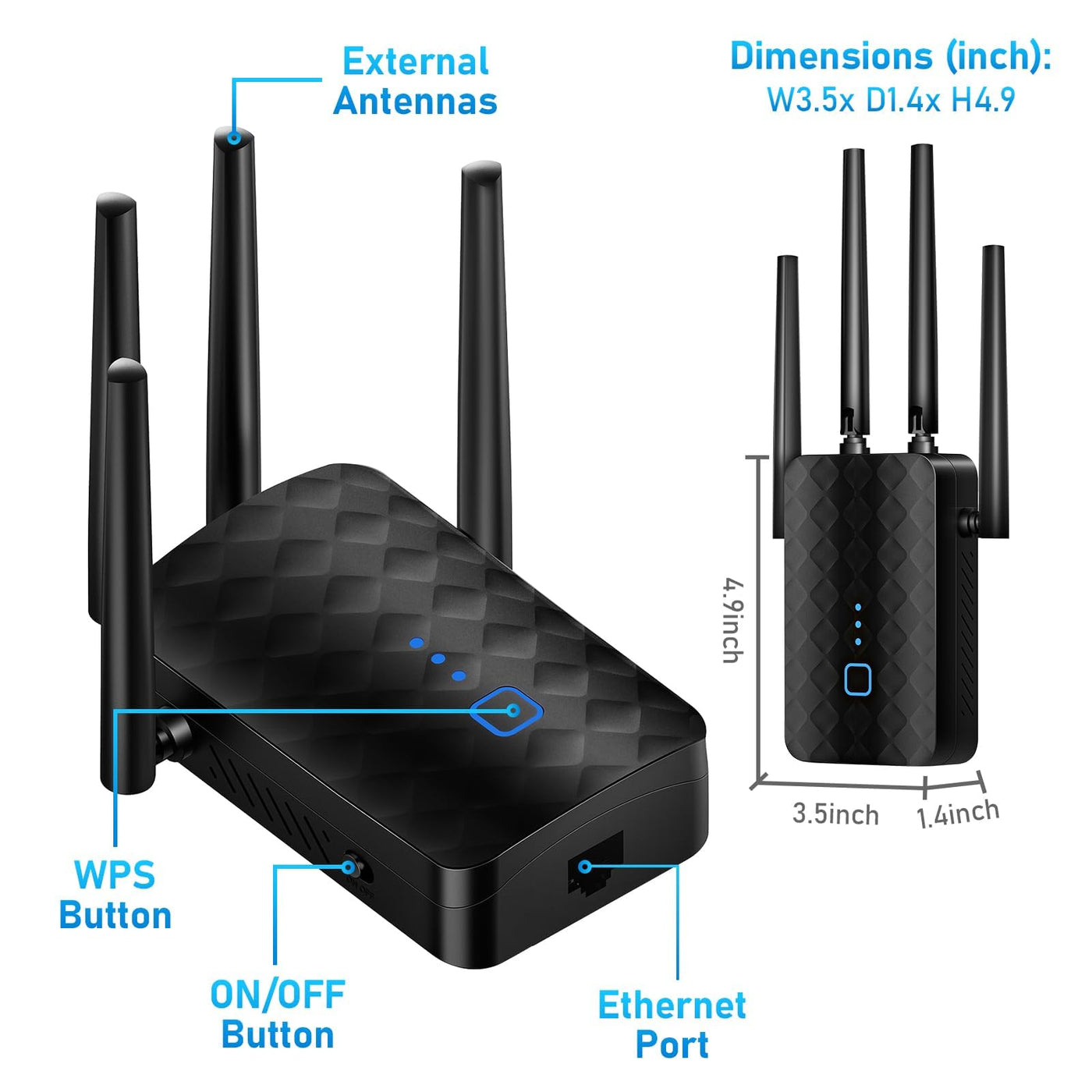 WLAN Verstärker, 1200Mbit/s WLAN Repeater mit 4*180° Schwenkbare Antenne Dualband 2,4GHz+5GHz WiFi Repeater mit WPS | 1200 Mbit/s | Mit LAN/WAN Port| Einfache Einrichtung | Kompatibel 99% WLAN Geräten