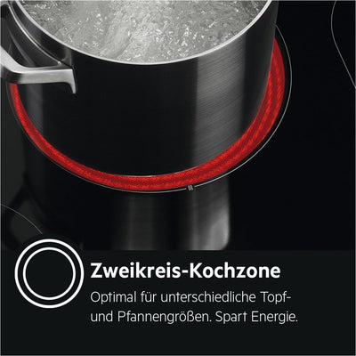 AEG Glaskeramikkochfeld autark 60cm – 4 Zonen mit Bräter- und Zweikreiskochzone – 14 Stufen – Edelstahlrahmen – Timer – Touch-Bedienung je Zone – Kindersicherung – HK634060XB