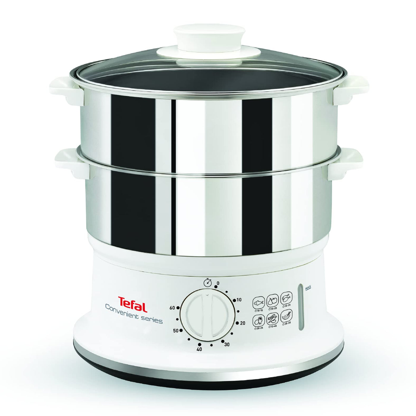 Tefal Dampfgarer VC1451 | 2 Edelstahlbehälter | 6L Fassungsvermögen | 24cm Durchmesser | Timer und automatische Abschaltung | 900W | Weiß