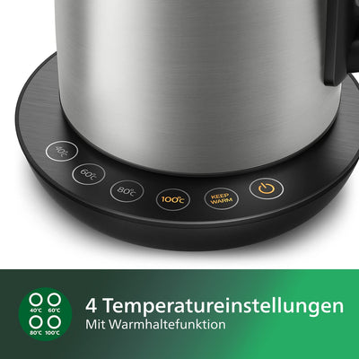 Philips Wasserkocher, 1.7 L Fassungsvermögen, Mit Temperaturregelung, Warmhaltefunktion und Kontrollanzeige, Pirouettenbasis, 2200 Watt, 23 X 18.8 X 25.7 Cm, Edelstahl (HD9359/90)