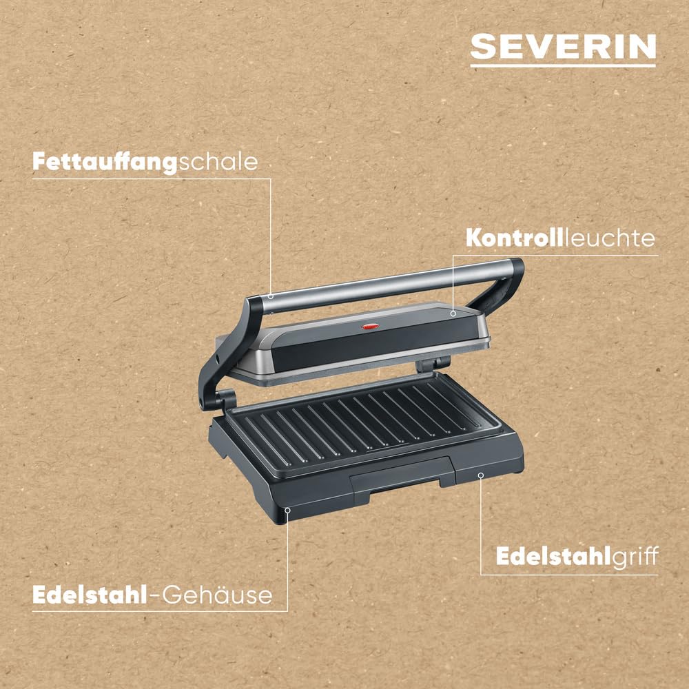 SEVERIN Kontaktgrill für Sandwiches, Steak und als Panini Grill, antihaftbeschichteter Sandwich Maker für fettfreies Grillen, 800 W, metallic grau/schwarz, KG 2394