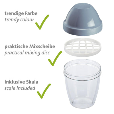 Westmark Schüttelbecher – Dressingshaker mit herausnehmbarer Mixscheibe, Fassungsvermögen: 0,25 l, Höhe: 12,8 cm, Kunststoff, BPA-freier Mixbecher (Klar/Blau)