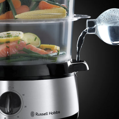 Russell Hobbs Dampfgarer [normale Größe] 9,0l (60 Minuten Timer + Abschaltautomatik, 3 spülmaschinengeeignete Dampfgarbehälter + Reisschale / Reiskocher + 6 Eierhalter /Eierkocher, BPA-frei) 19270-56