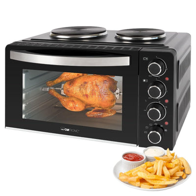 Clatronic® Mini-Backofen mit Kochplatten und Drehspieß | gleichzeitig kochen u. backen | Minibackofen 28L Umluft Ober-/Unterhitze 100°-230°C | Elektrischer Mini Ofen 3100 Watt inkl. Zubehör | KK 3786