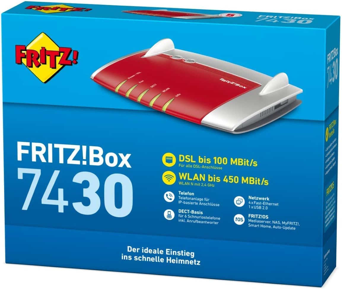 AVM FRITZ!Box 7430 (VDSL/ADSL2+, WLAN N, 450 MBit/s (2,4 GHz), TK-Anlage & Voice over IP mit DECT-Basis, Mediaserver) geeignet für Deutschland (Generalüberholt)